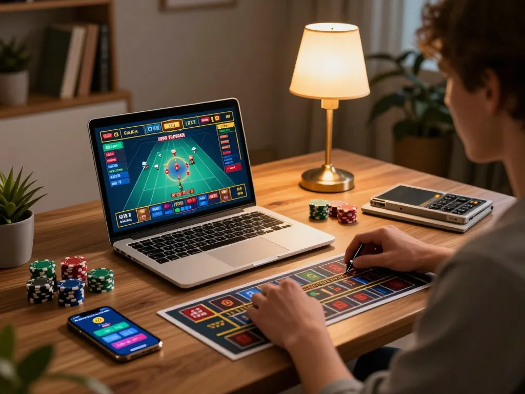 Engaged user playing king33 online casino game on laptop, promoting strategic betting.
