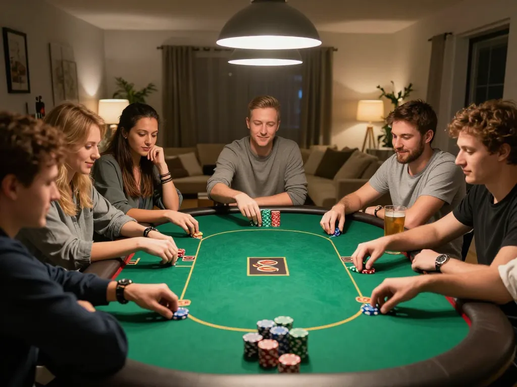 Friends enjoying a thrilling poker game at home using 32win for strategic bets and thrilling moments.