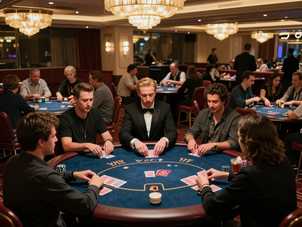 Iwin club players engaging in intense card games at a luxurious casino during an exciting evening session