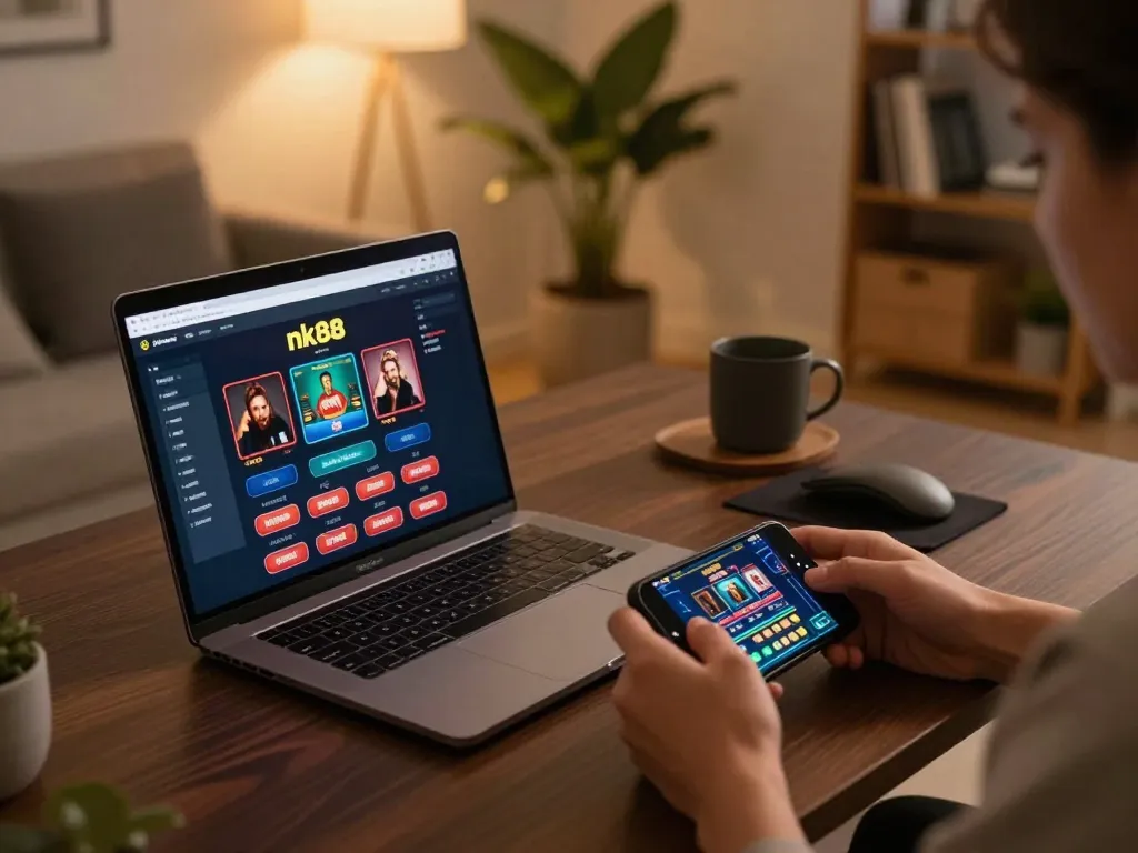 Engaging online gaming session with nk88 mobile app on smartphone in a cozy home setting