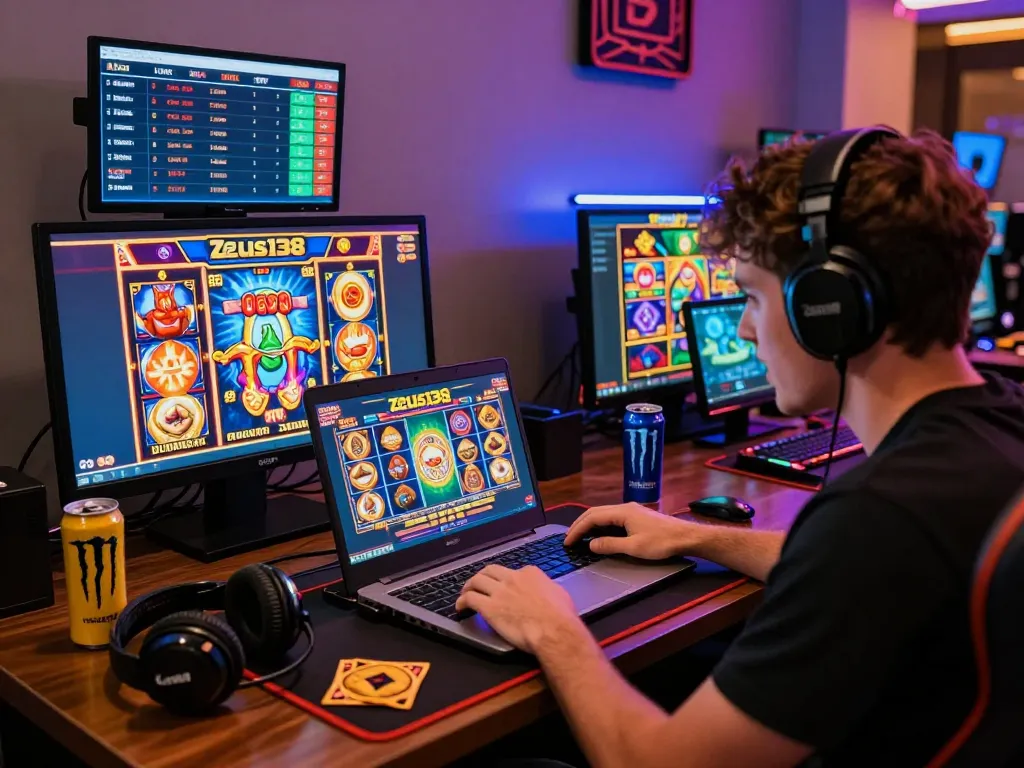 Player experiencing excitement at Zeus138 online slot games with vibrant graphics and cozy atmosphere.