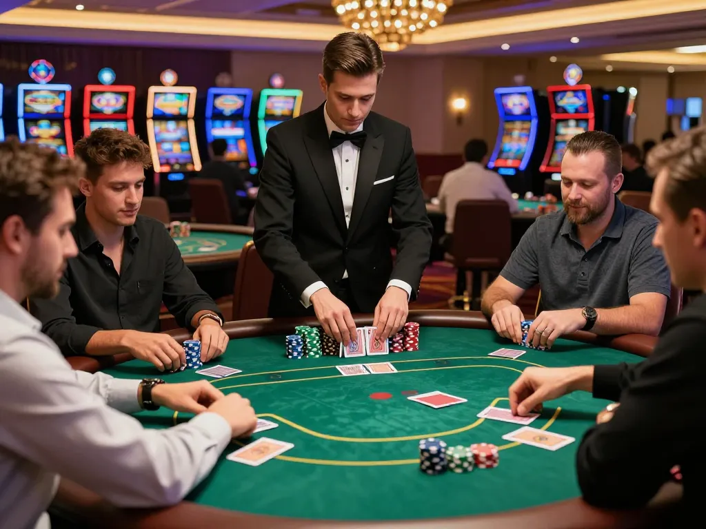 Players at NK88 casino excelling in poker strategy amidst vibrant ambiance.