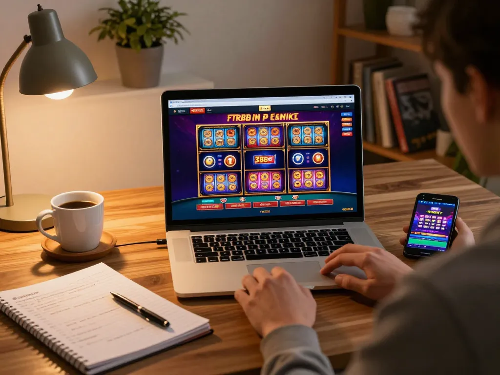 Player engaged with the 388bet casino interface on a laptop, highlighting responsible gaming and strategic betting.