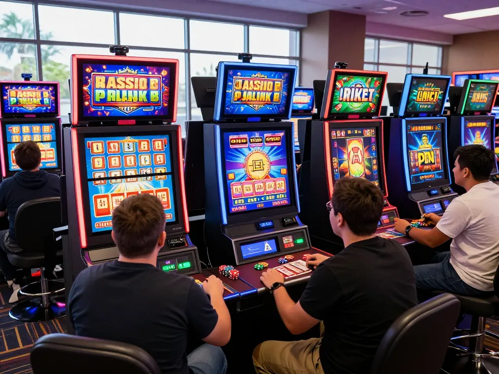 Exciting players engaging with various toto slot machines in vibrant online casino atmosphere.