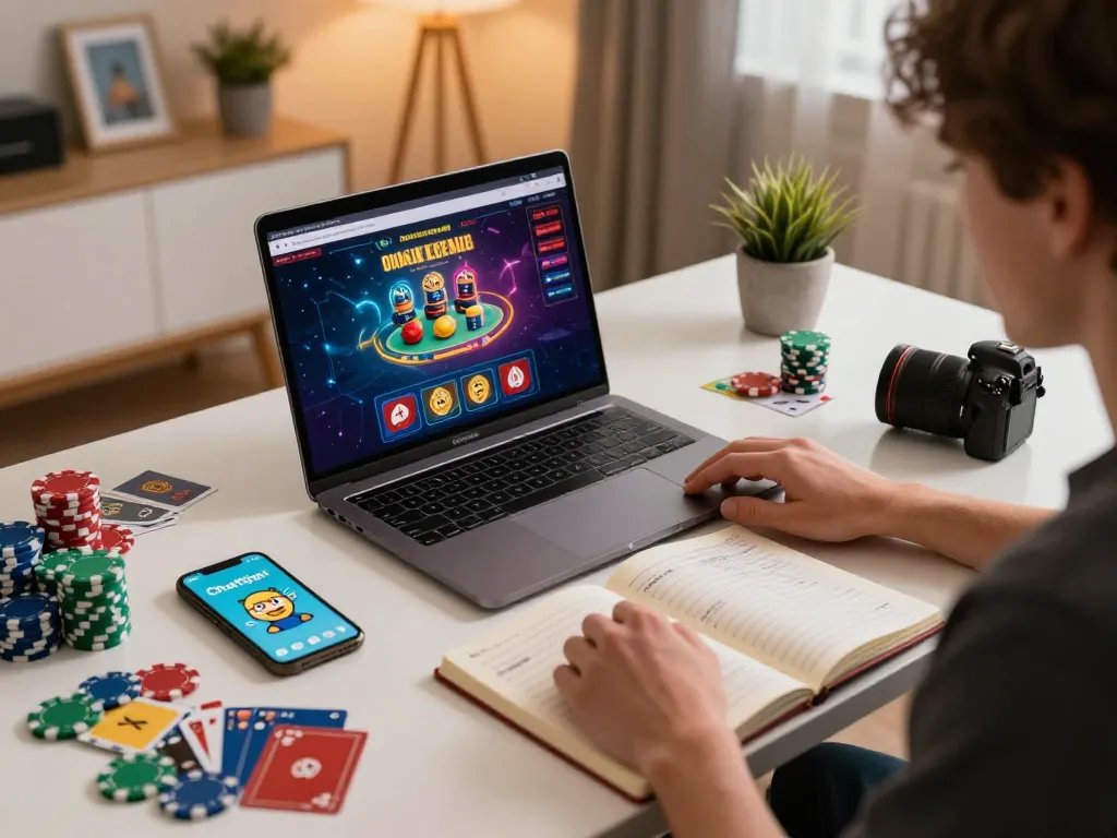 Playing with caricature Chatgpt on an online casino app from a cozy home setup