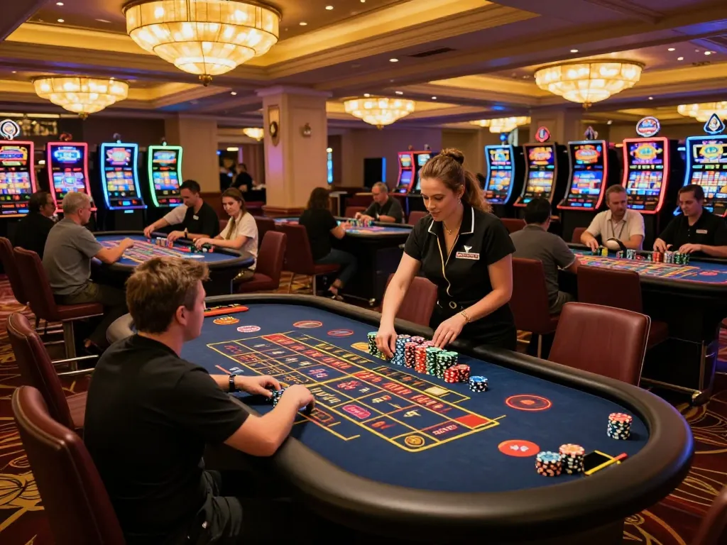 Exciting atmosphere at mb66an casino with roulette tables and players celebrating wins
