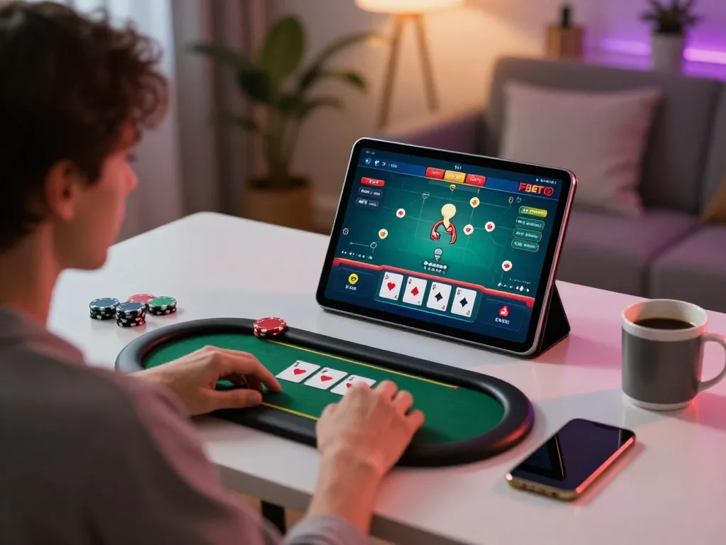 Engaged user playing poker on F8BET platform at home, showcasing responsible gaming.