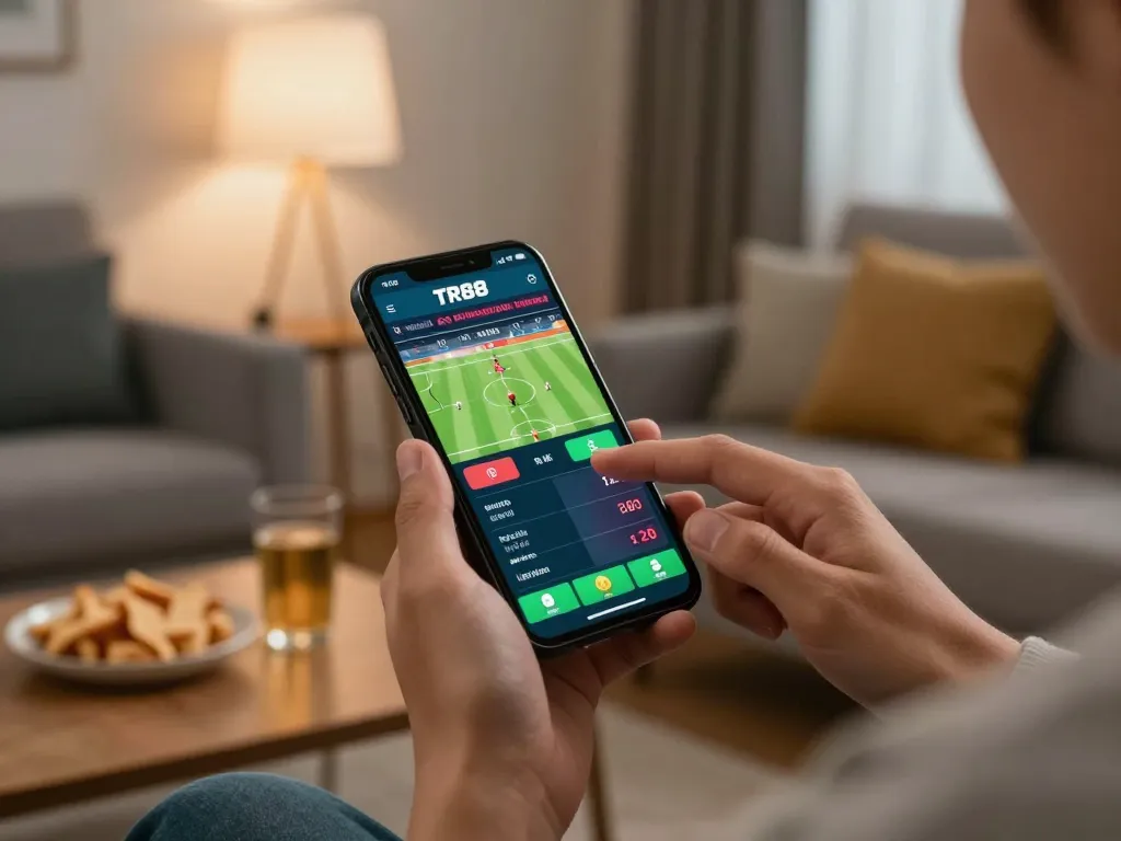 Person using TR88 app for sports betting on smartphone, surrounded by warm cozy decor.