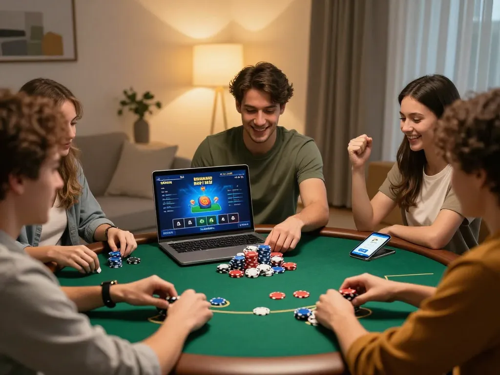 SX88 players celebrating a win during an online poker game, vibrant atmosphere at home.