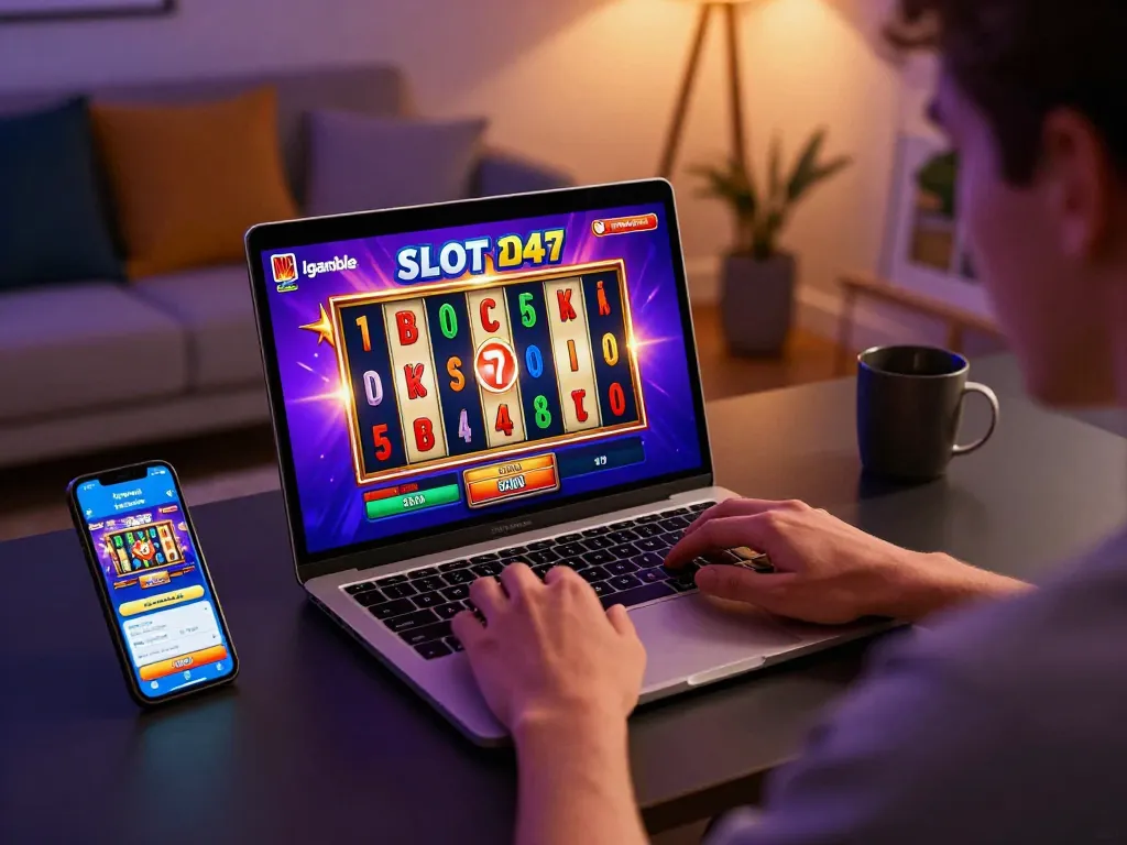 Igamble247 Slot gameplay on a laptop, highlighting an engaging online casino atmosphere with vibrant graphics.