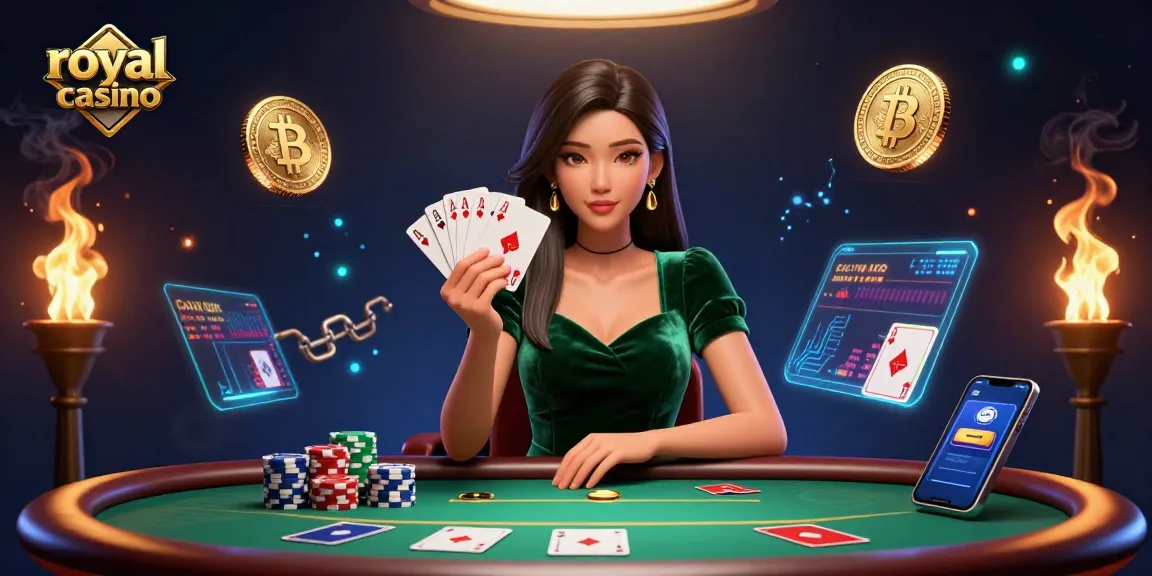 Experience the allure of royal casino with a photorealistic Asian woman at a luxury poker table, surrounded by vibrant game elements.