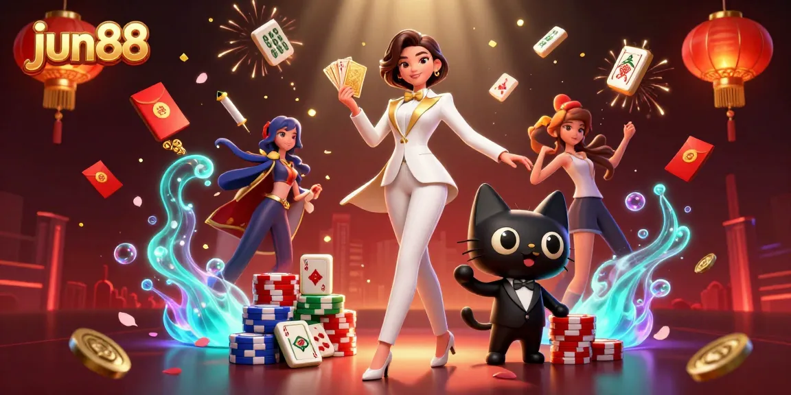 Experience thrilling gameplay with jun88's elegant casino scene, featuring a glamorous dealer and playful elements.