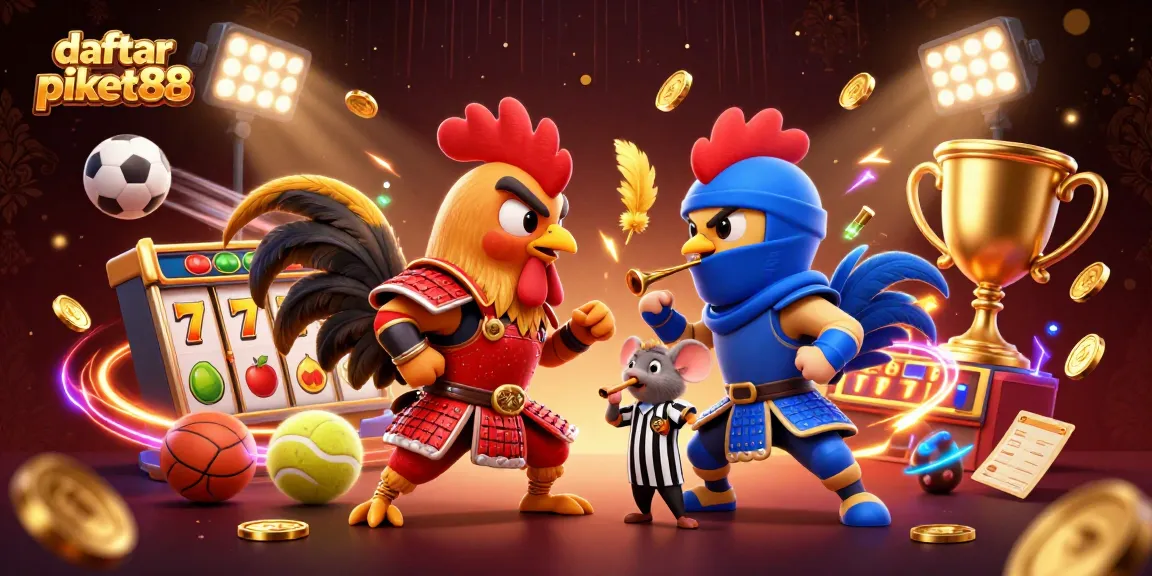 Engage with daftar piket88 as cartoon fighting roosters emphasize thrilling slot wins surrounded by animated sports elements.