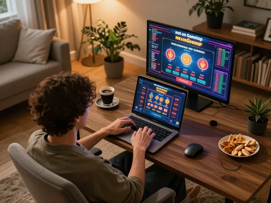 Engaging with casinos not on Gamstop during a cozy home gaming session.