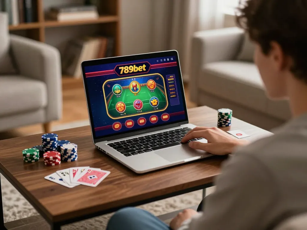 Online gaming at 789bet with a person focused on casino interface and chips.