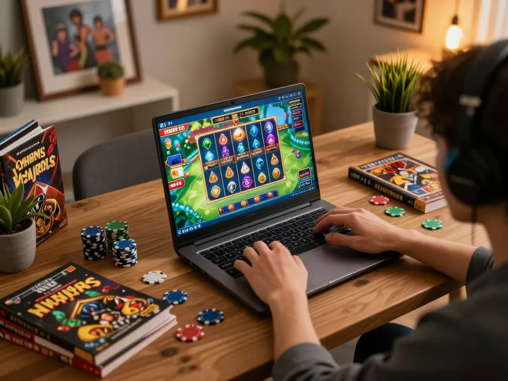 Player enjoying the olympus slot game on a laptop in a cozy home gaming setup