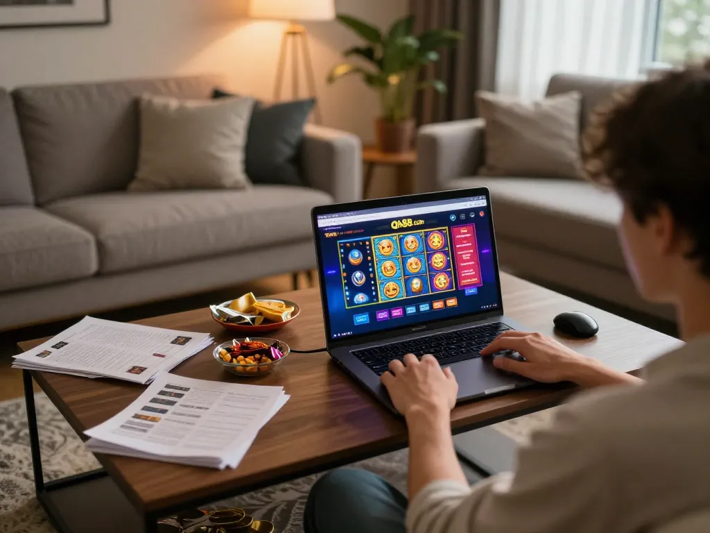 Person enjoying an engaging experience on Qh88 com via laptop, emphasizing focused online gaming.