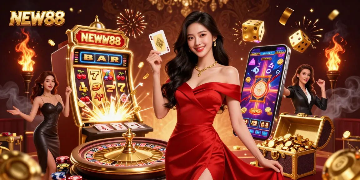 Experience excitement at NEW88 casino with stunning visuals of card games and jackpots exploding.