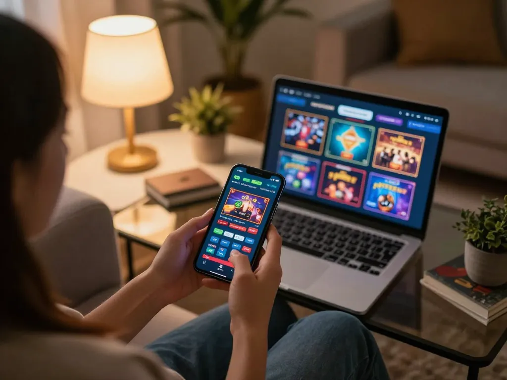 Person enjoys a thrilling mobile gaming experience using the gi8 casino app in a cozy home setting.