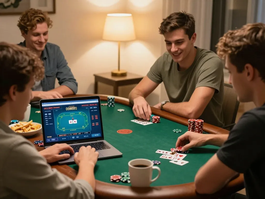 Experience ดูหนังใหม่ during a fun home poker game, showcasing players interacting with a laptop and chips.