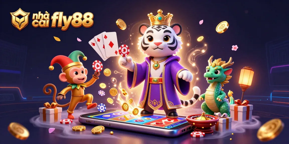 Engage in thrilling gameplay at nhà cái fly88 with a vibrant casino-themed illustration, featuring a tiger, monkey, and dragon.
