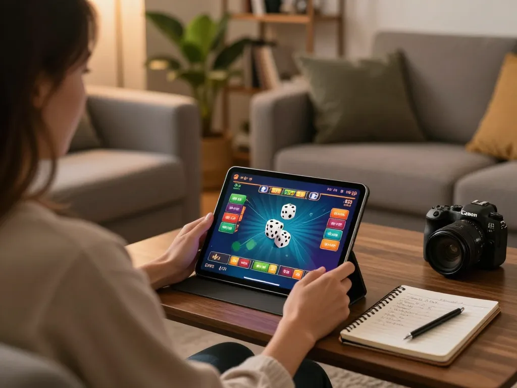 Tài xỉu online uy tín gaming on tablet in a relaxed home setting with strategic notes