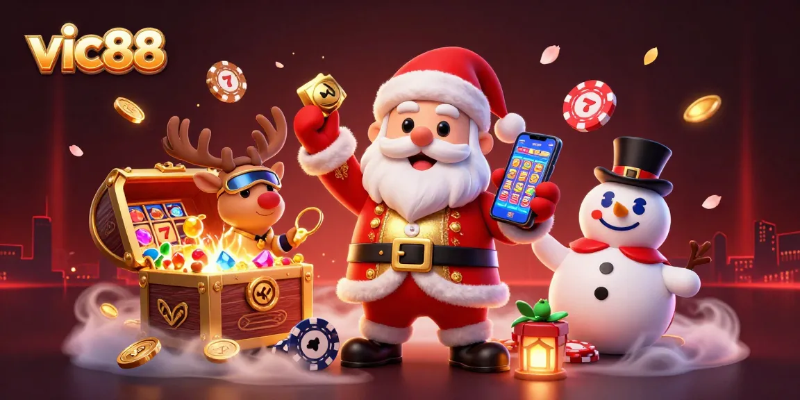 Engage in exciting jackpot slots action with Vic88, featuring festive characters in a vibrant casino scene.
