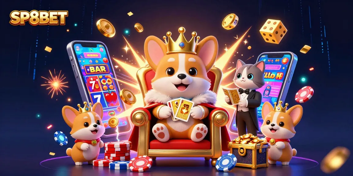 Engage with SP8BET's vibrant casino world featuring a royal corgi and dynamic gaming elements.