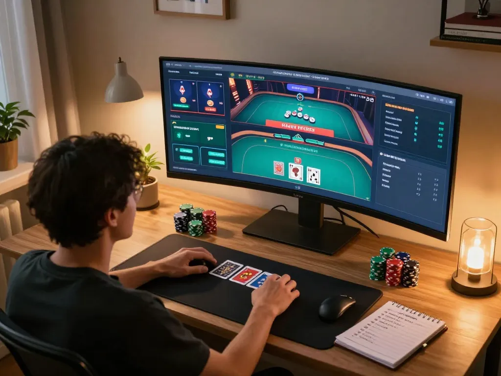Engaging moment using m115 online poker strategies in a stylish home gaming setup with multiple screens