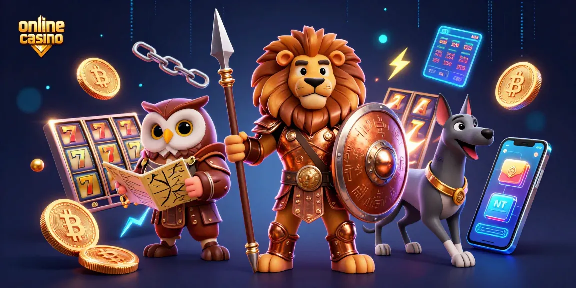 Engage with thrilling action in this online casino scene featuring a lion warrior amidst slots and crypto elements.