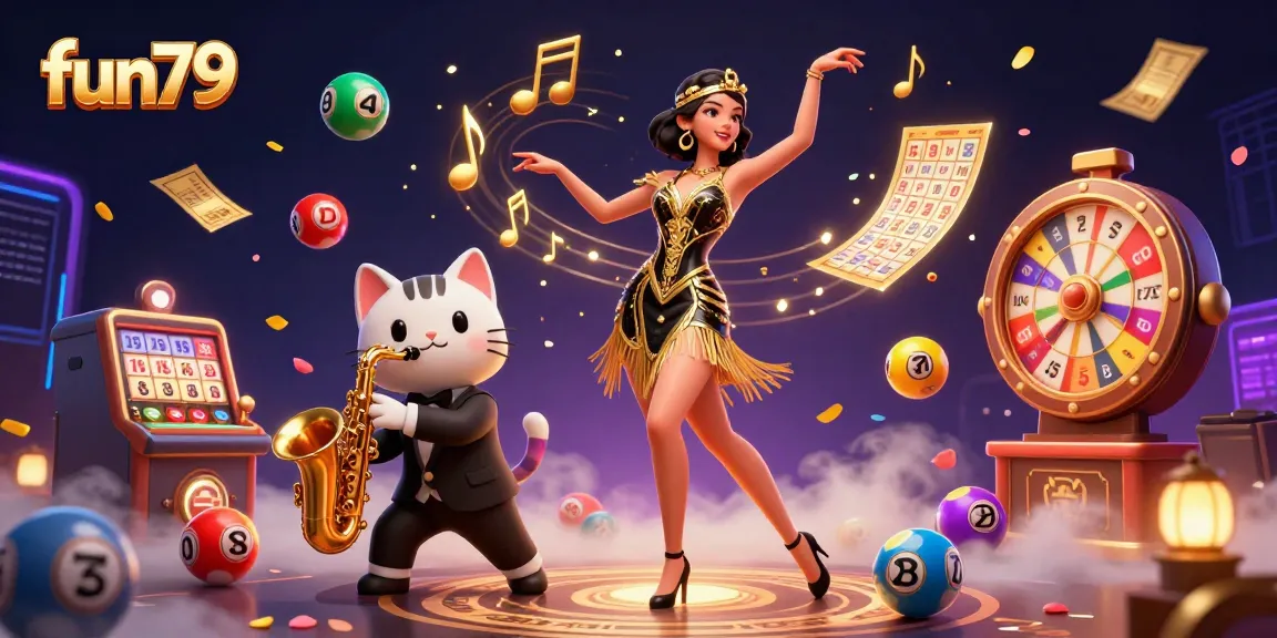 Experience excitement with fun79, showcasing vibrant lottery balls and casino characters.