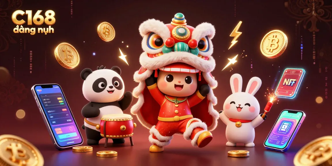 C168 đằng nhập showcases an energetic lion dance surrounded by Bitcoin and Ethereum coins in a vibrant casino setting.