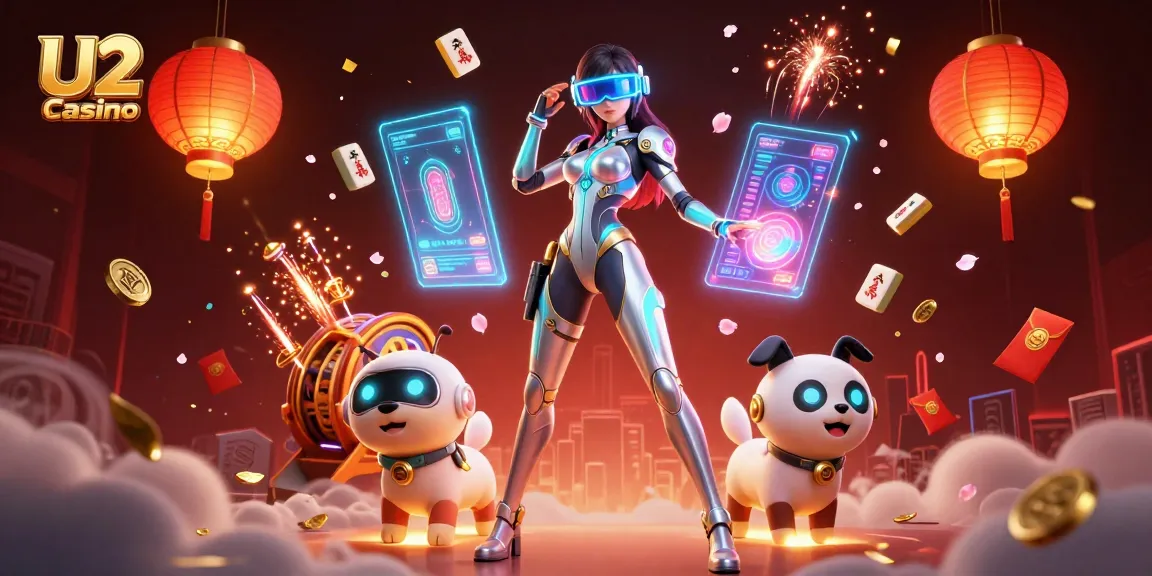 Engage in thrilling gameplay at U2 Casino with a futuristic 3D illustration featuring a dynamic scene of gaming excitement.
