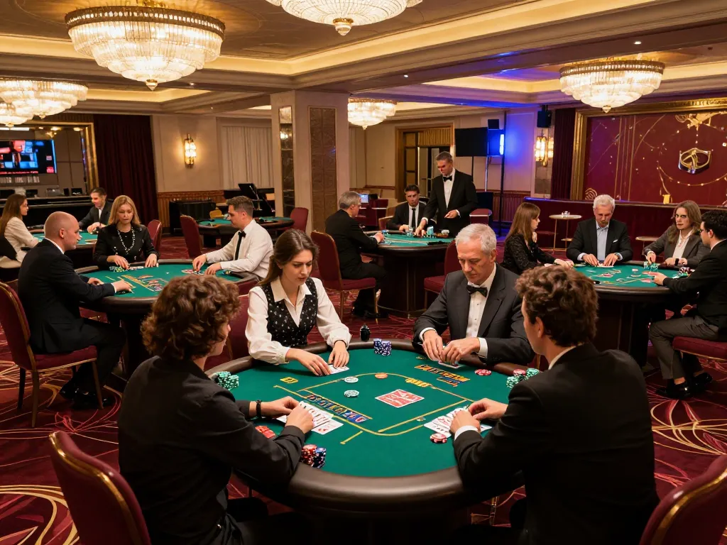 mm88 players strategizing at an upscale casino table, high-energy atmosphere and elegant decor