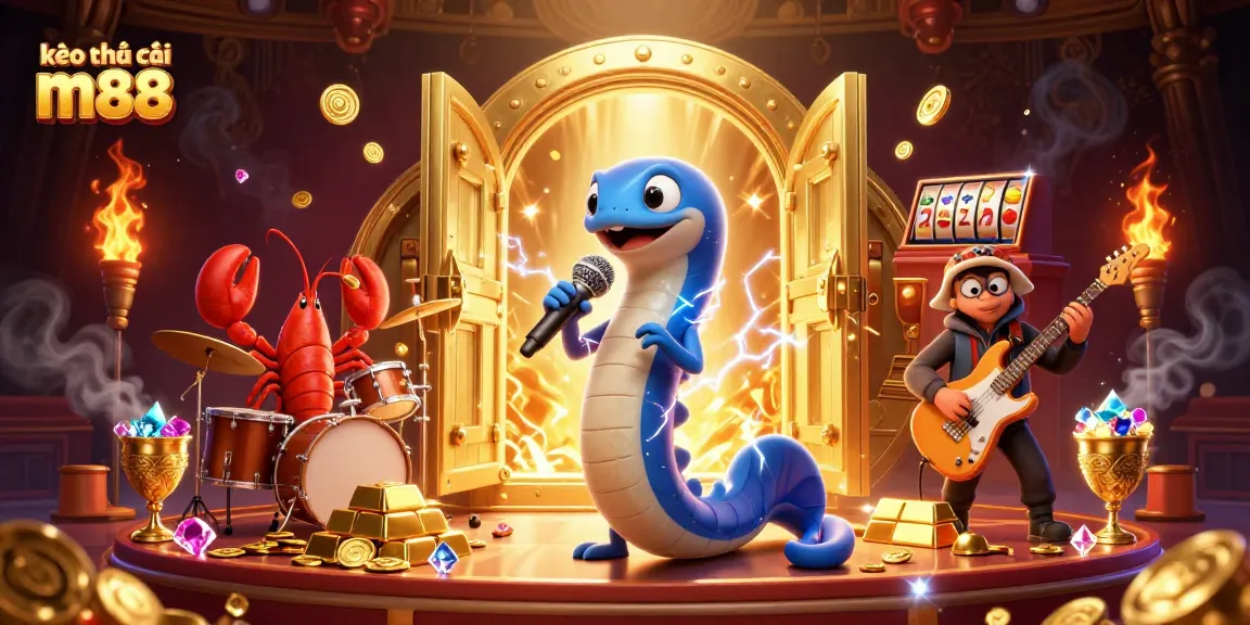 Cảnh tượng hấp dẫn của kèo nhà cái m88 thể hiện các nhân vật casino dưới nước đầy năng lượng biểu diễn với kho báu vàng.