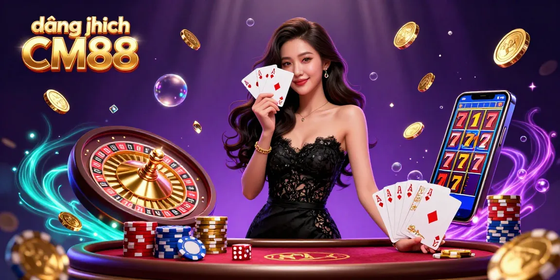 Engage in the excitement of đăng nhập CM88 with a glamorous Asian woman holding playing cards in a vibrant casino scene.