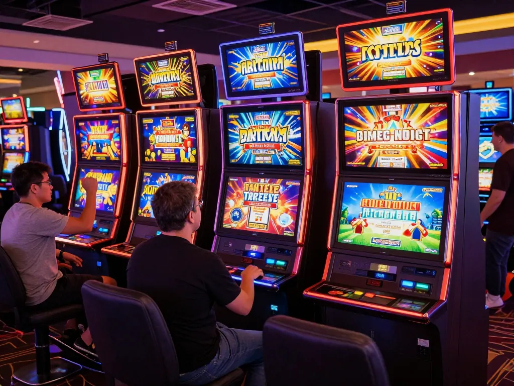 Engaged players enjoying various situs slot machines in a lively casino atmosphere.