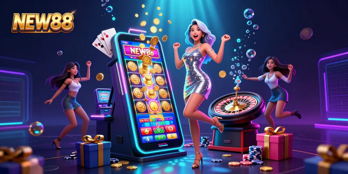 Win big at NEW88 with an Asian woman celebrating a jackpot at a vibrant casino scene.