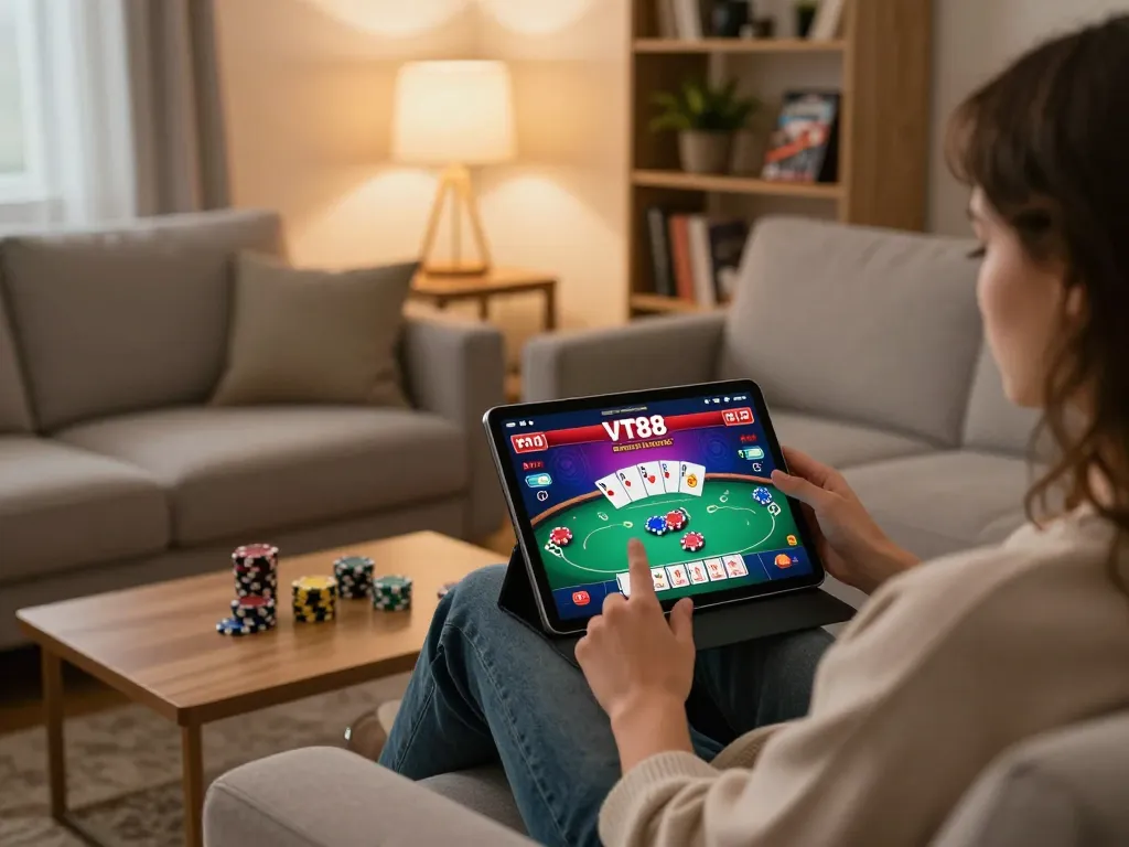 Engaging with VT88's online casino app while enjoying poker gameplay at home.