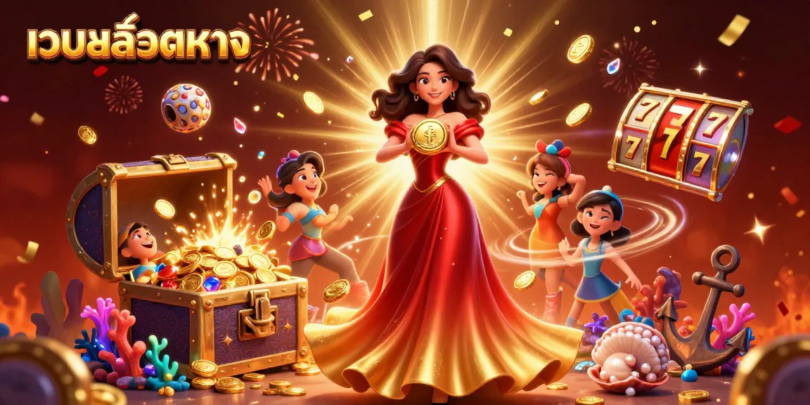 Play เว็บสล็อตตรง and experience massive wins with gold coins and jackpots in this exciting illustration.