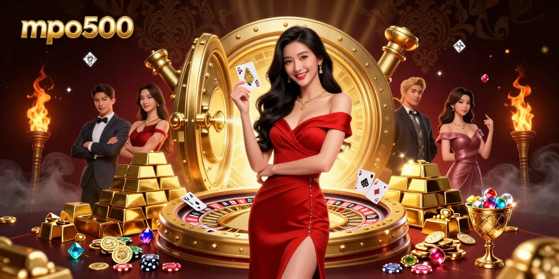 Experience thrilling gameplay at mpo500 with a stunning woman next to luxurious casino elements.
