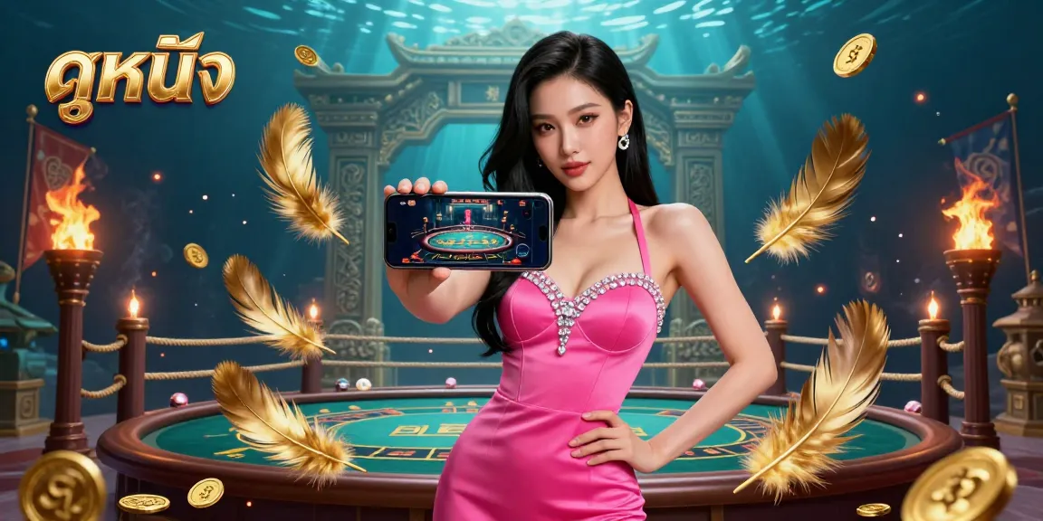Experience ดูหนัง with a stunning Asian woman showcasing a live dealer game on her smartphone amidst a vibrant casino scene.