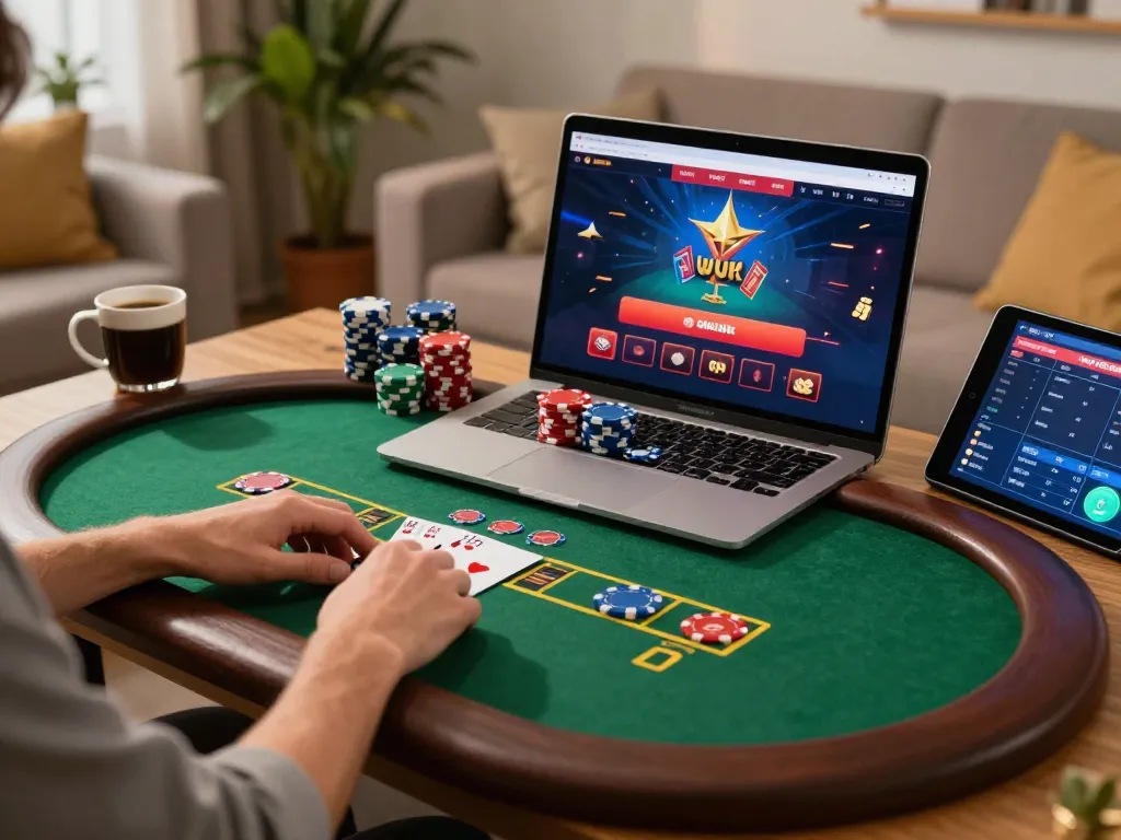 Player engaging in an online poker game at a nhà cái uy tín platform, chips stacked high and strategic decisions in action.
