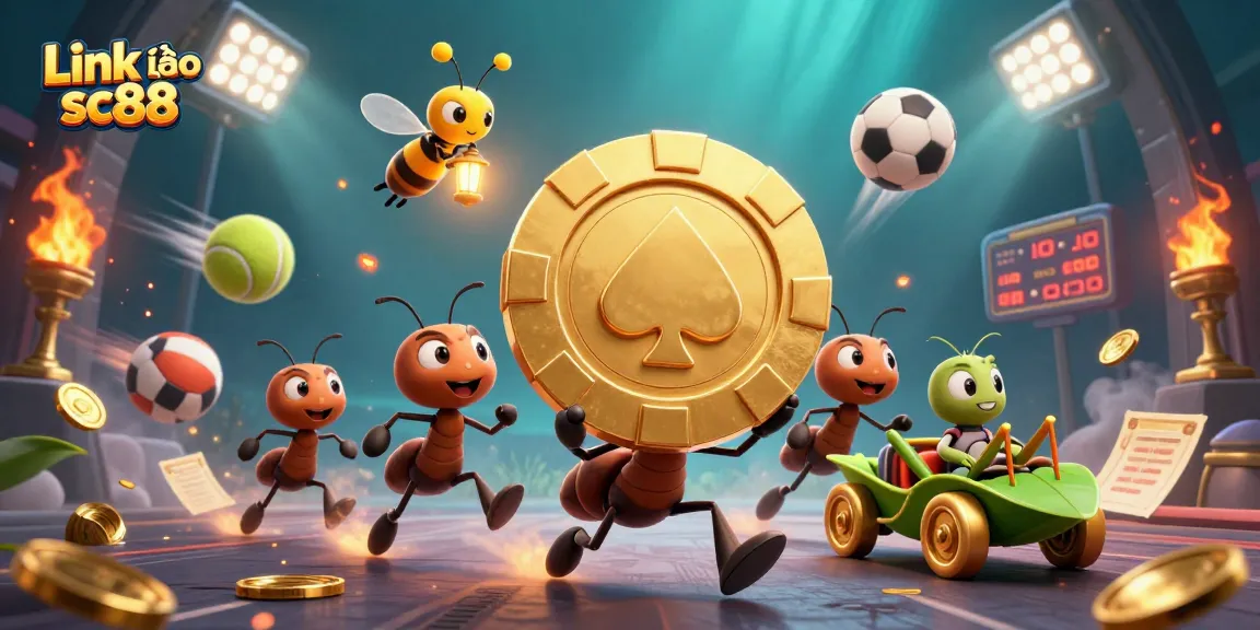 Experience thrilling action in Link vào sc88 as cartoon ants navigate a golden poker chip heist.