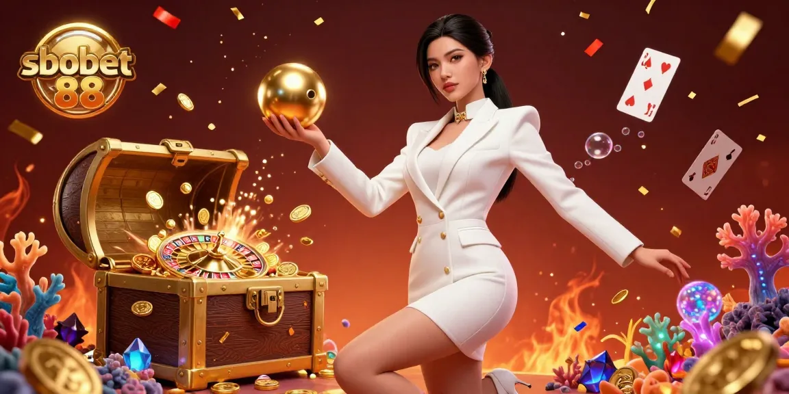 Engage with sbobet 88's vibrant gaming world, featuring a confident woman amidst casino elements like roulette and floating cards.