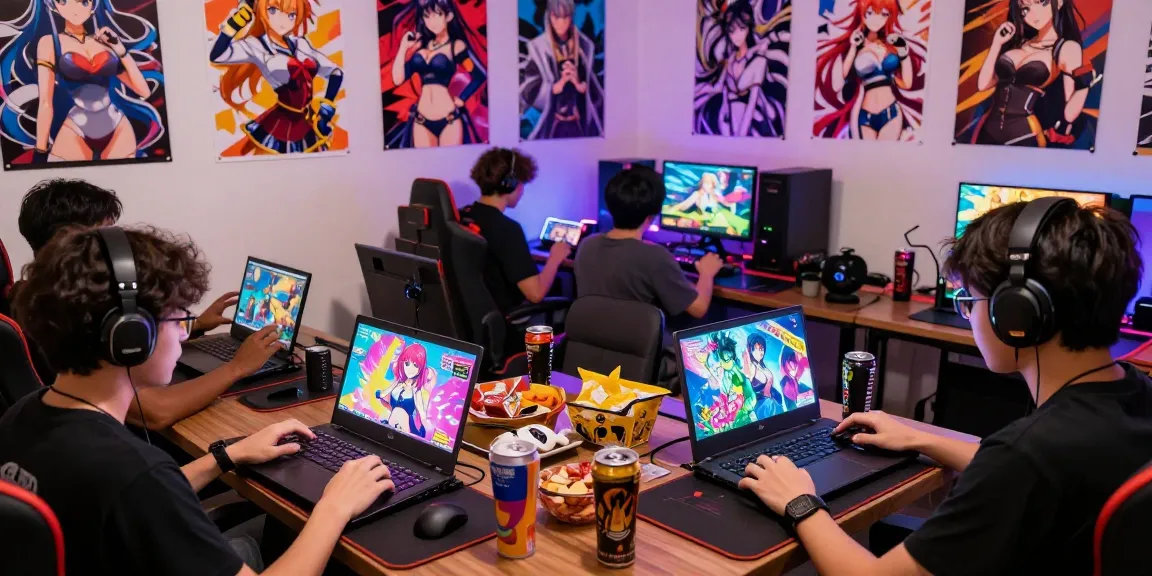 Hentai game enthusiasts deeply engaged in a multiplayer gaming session with vibrant graphics and snacks scattered around.