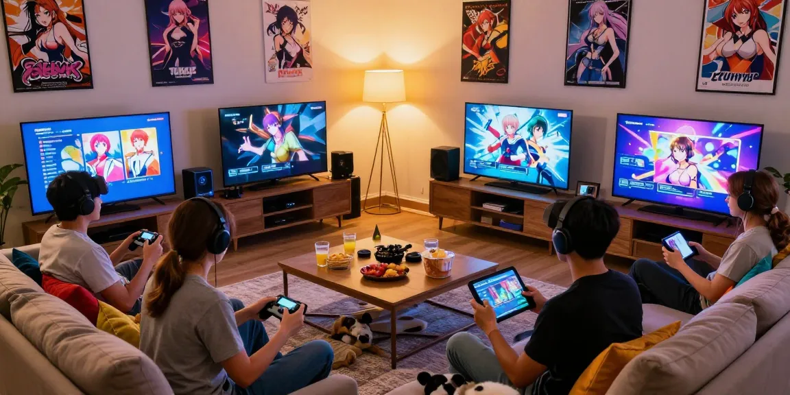 Adult gamers enjoying an ecchi game night with friends in a cozy living room