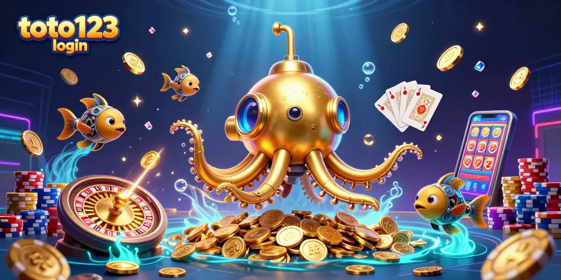 Experience the thrill of the toto123 login with a dynamic casino scene featuring cascading coins and a golden kraken.