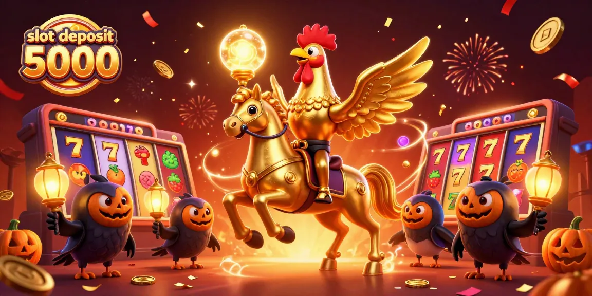 Experience thrilling wins with slot deposit 5000 at a vibrant midnight casino filled with golden rooster characters.