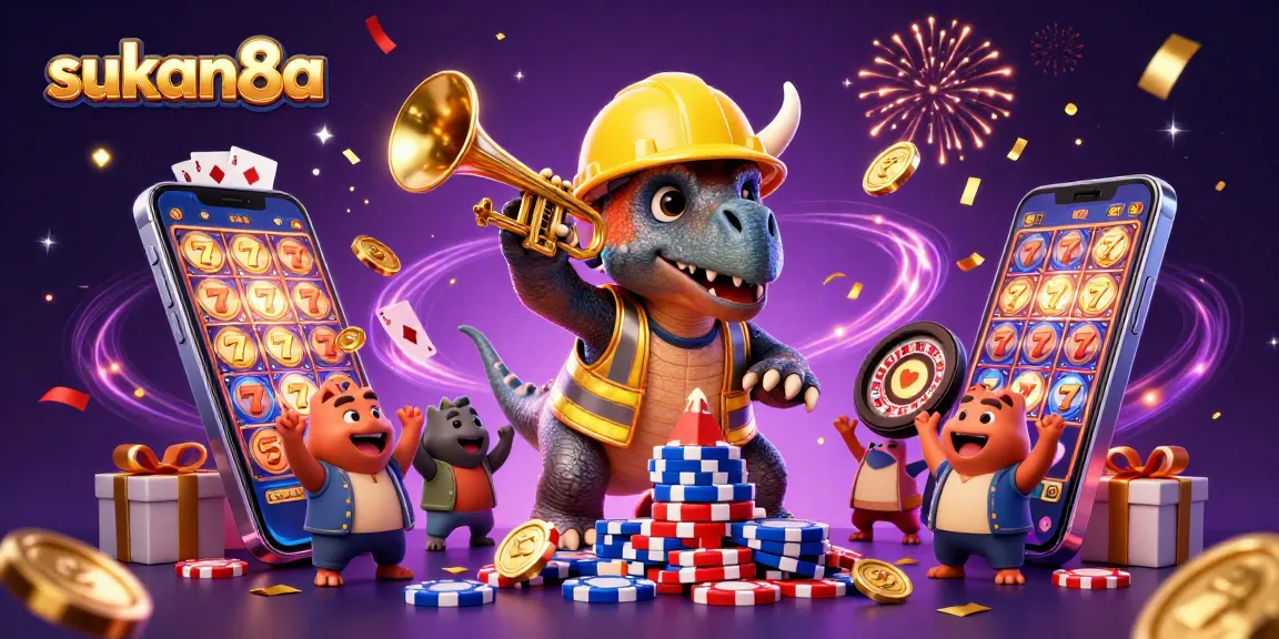 Sukan8a celebrates excitement with 3D characters building casino-themed poker chips amidst vibrant confetti.